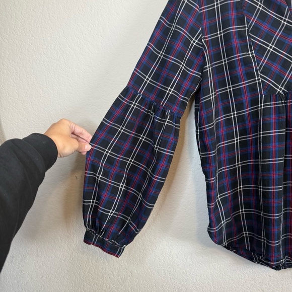 Loft Black Tartan Plaid Split Neck Long Balloon Sleeve Tunic Top Size Large - Picture 5 of 12